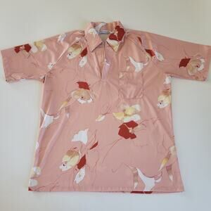 Vintage Carina Ford Shirt Mens L Pink Abstract Floral Disco Open Collar 70s USA